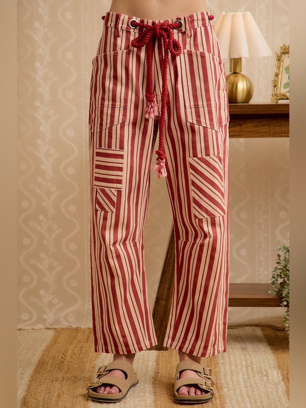BIBI Red Stripe Wide Leg/Barrel Drawstring Pants